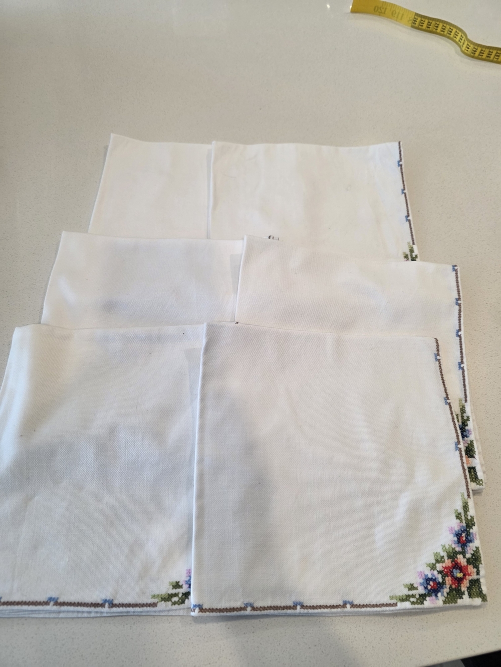 Embroidered Floral Hem White Linen Napkins - Set of 6